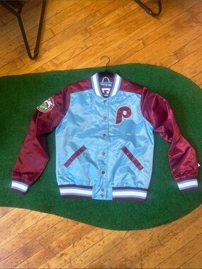 STARTER Women's Satin Baseball Jacket in Light Blue and Maroon